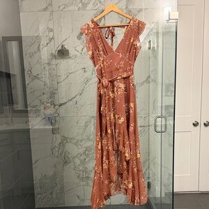 Altar'd State High Low Floral Dress in Brown and Yellow